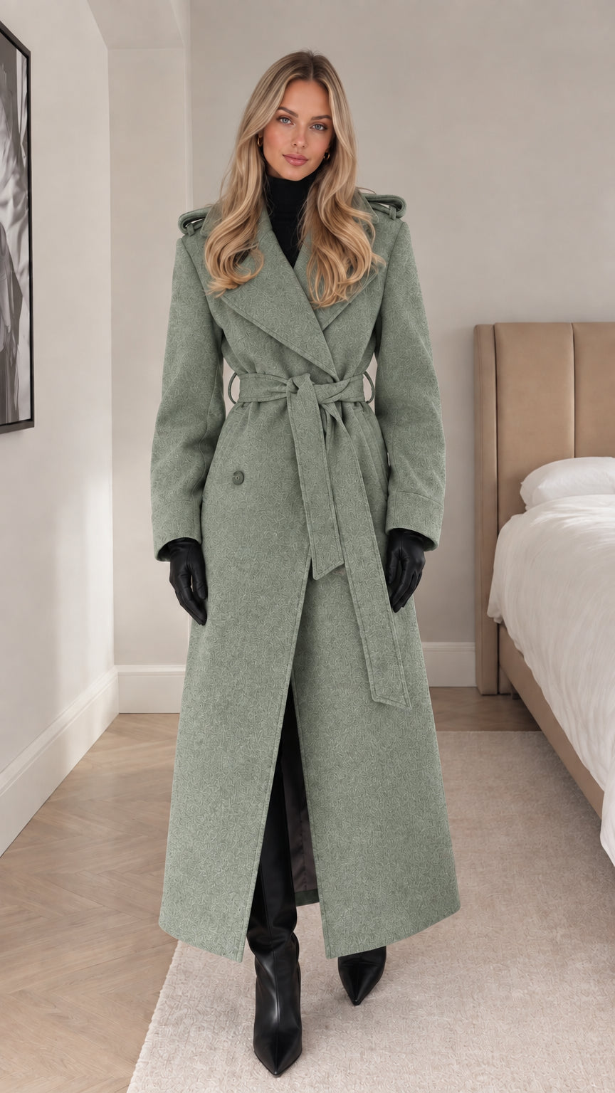 Full-length sage green belted maxi trench coat on model