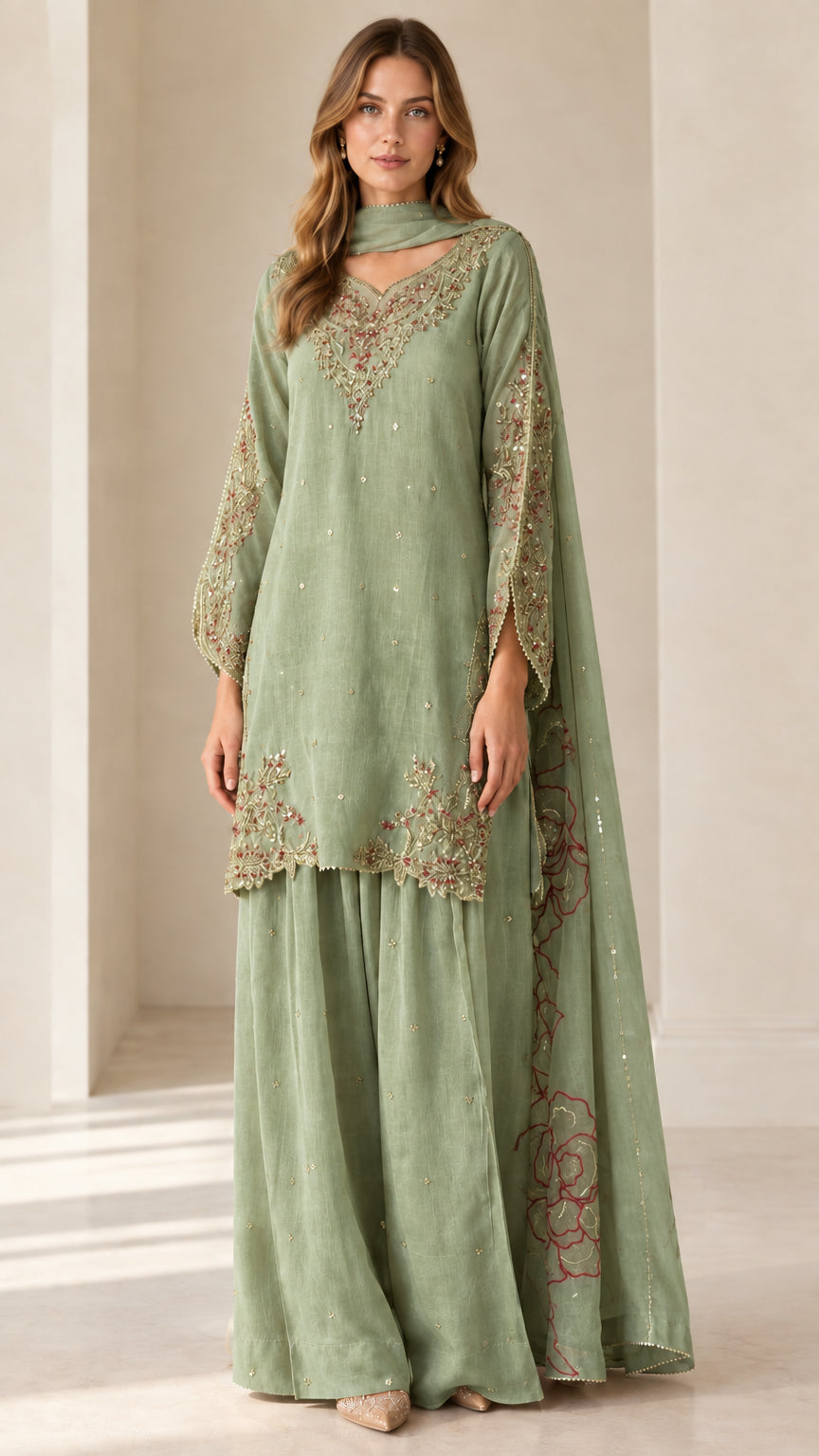 Front view of sage green embroidered festive ethnic suit set