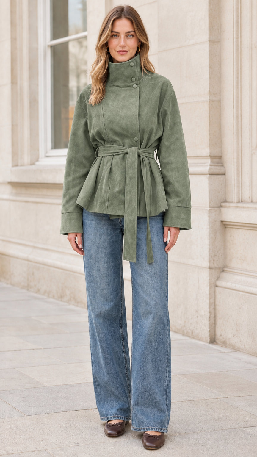 Full front view of model wearing sage green high neck belted faux suede jacket