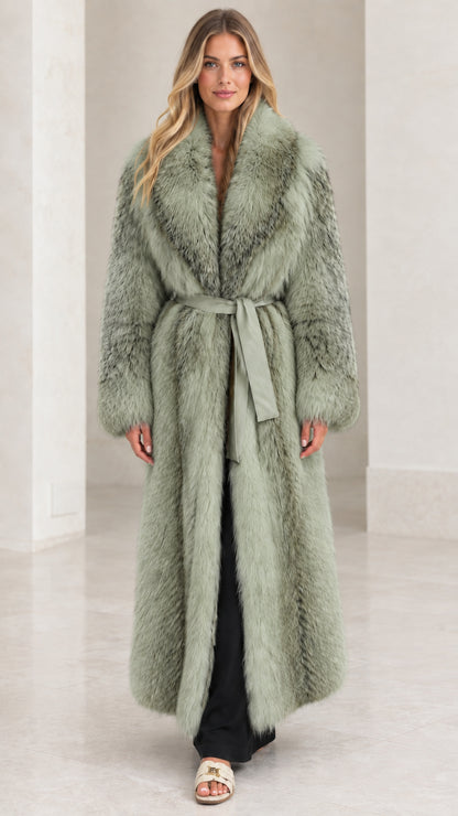 Front full-length view of Sage Green maxi faux fur coat