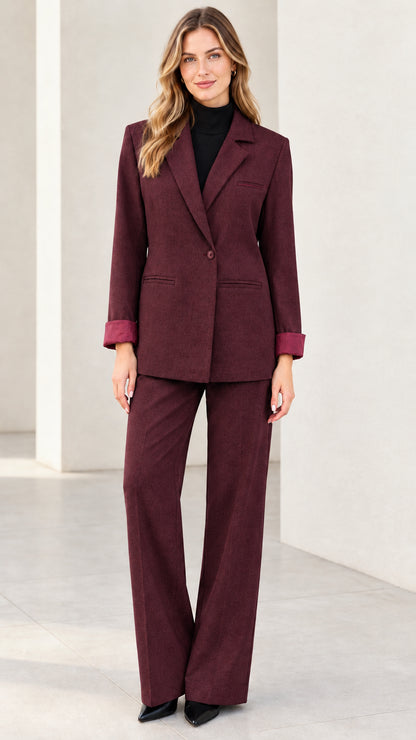 Front full view of women's burgundy wine red two-piece blazer and trouser suit set