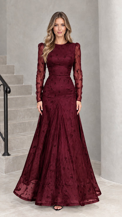Burgundy wine red embroidered long sleeve maxi evening gown