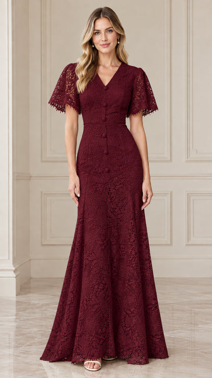 Front view of woman wearing burgundy wine floral lace formal mermaid maxi dress