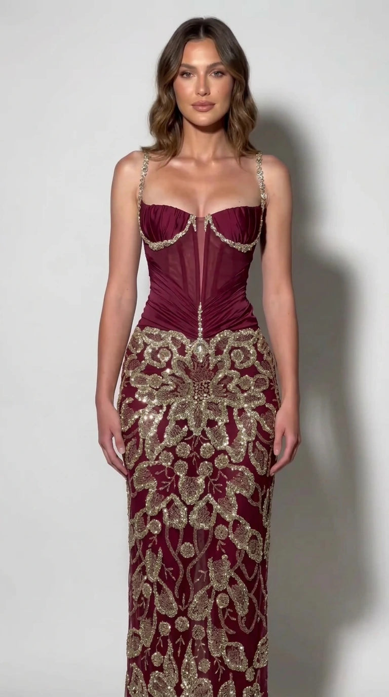 Burgundy wine red embellished corset formal gown on model