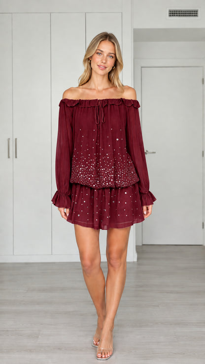 Front view of woman wearing Burgundy off-the-shoulder sequin chiffon mini dress