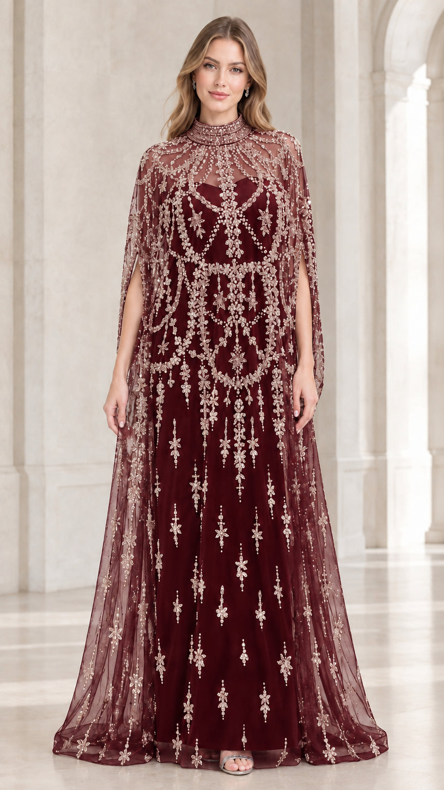 Burgundy wine formal evening dress with matching embellished cape overlay
