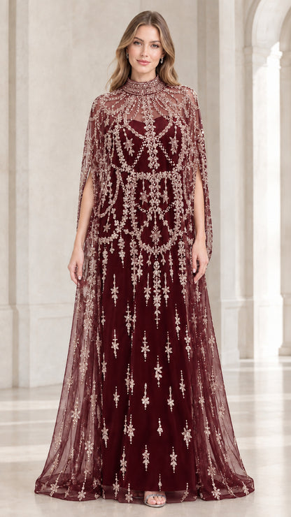 Burgundy wine formal evening dress with matching embellished cape overlay