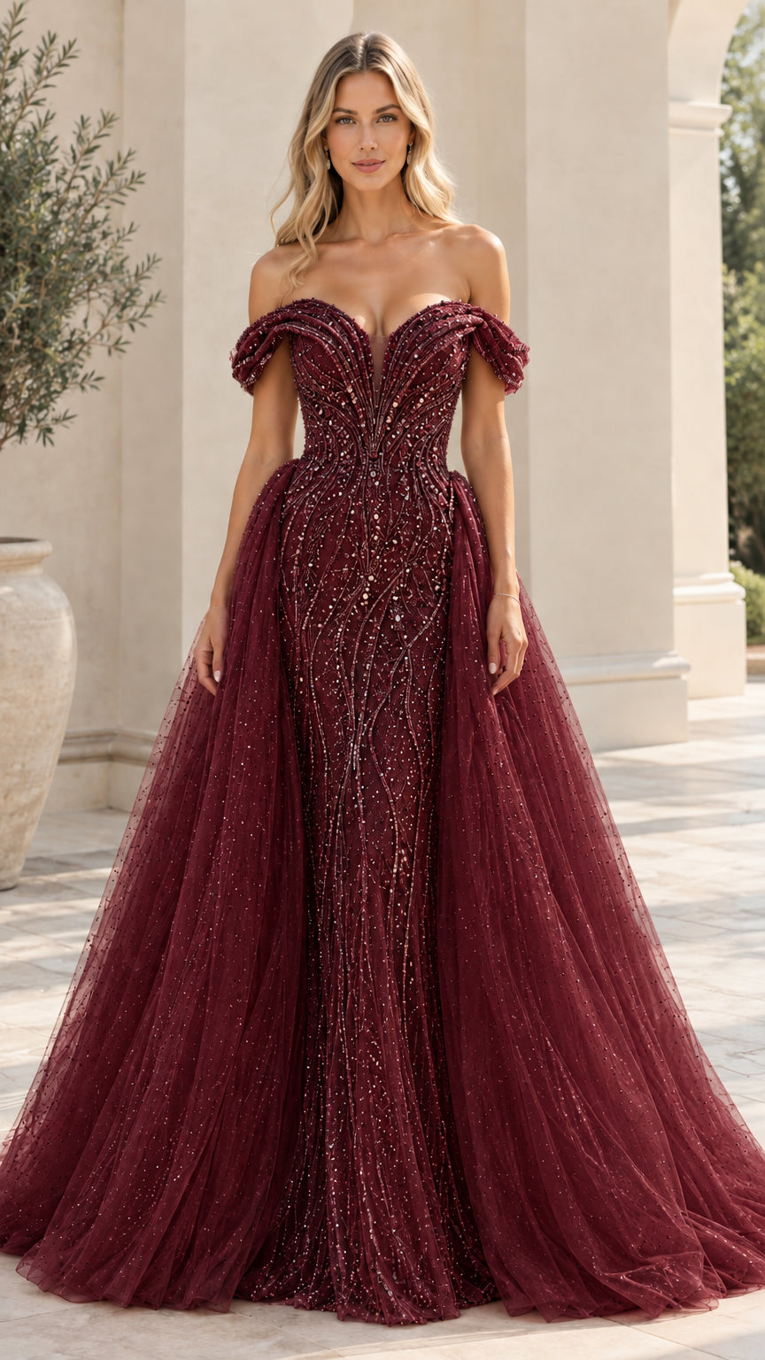 Burgundy wine red off-the-shoulder sequin embellished formal dress