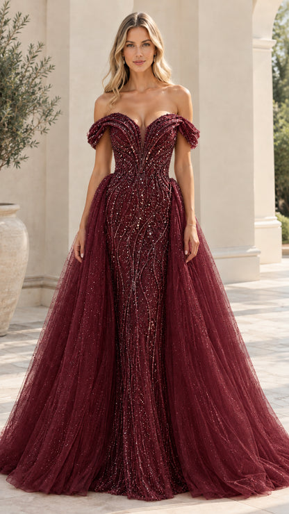Burgundy wine red off-the-shoulder sequin embellished formal dress