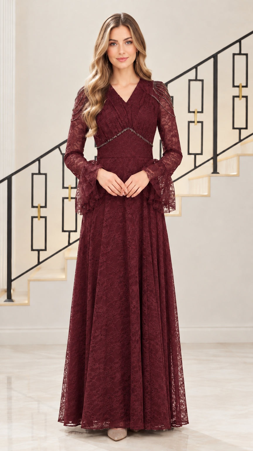 Front view of burgundy wine red lace formal maxi gown