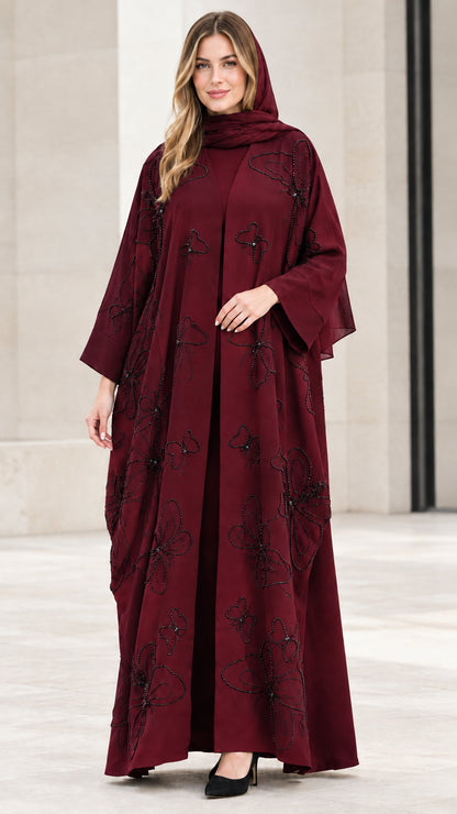 Front view of rich burgundy wine beaded butterfly abaya set
