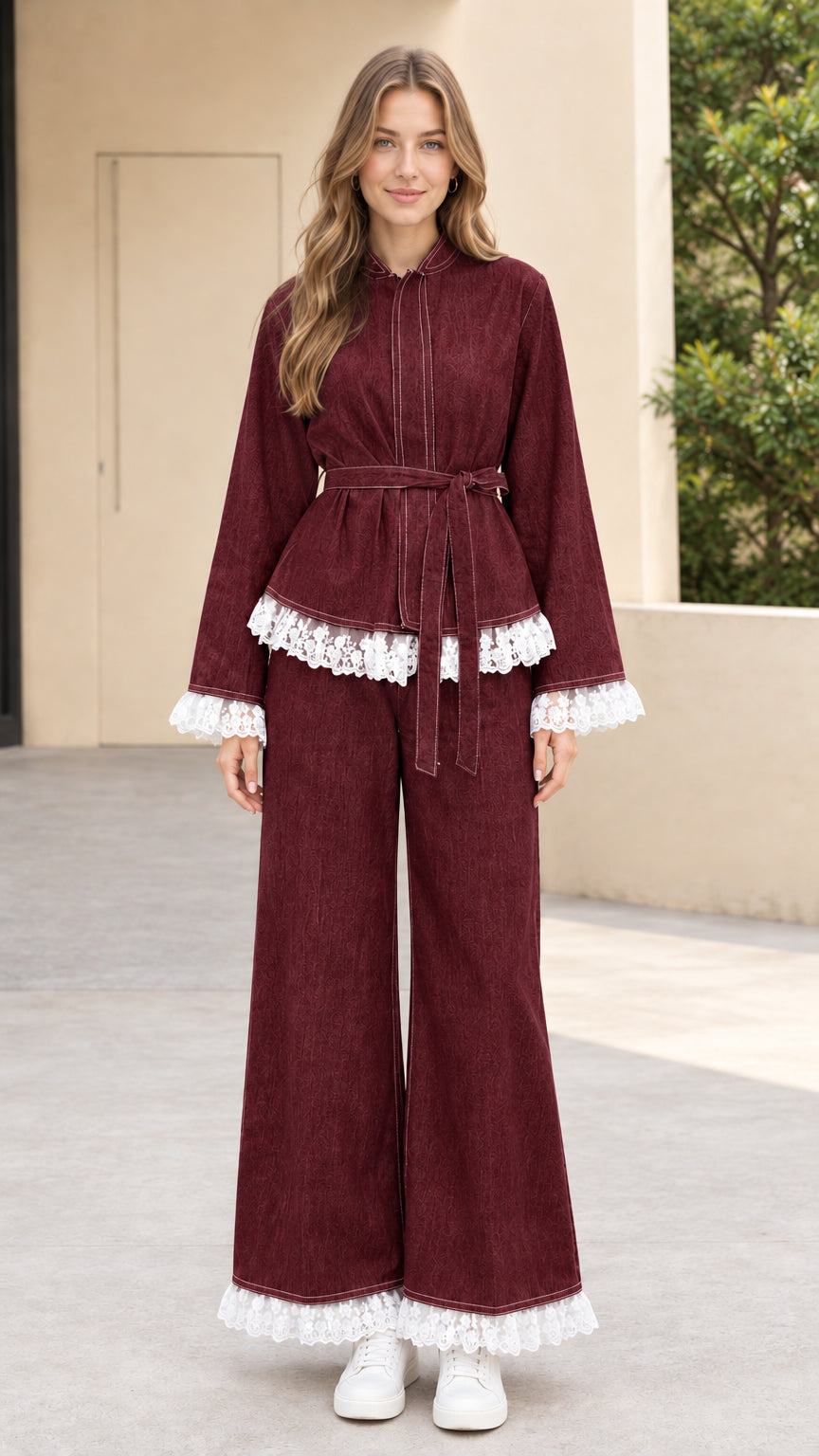 Model wearing Burgundy lace trim denim two-piece matching set