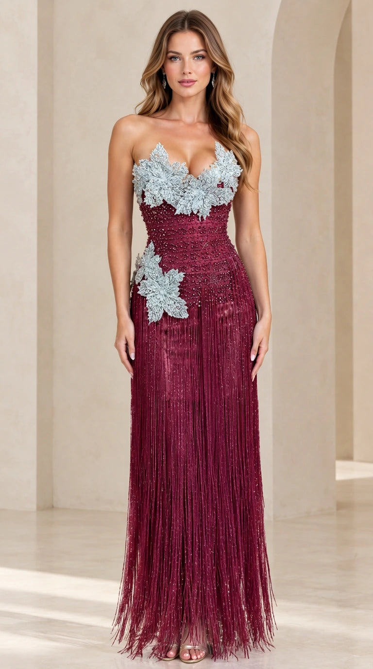 Burgundy wine strapless column evening gown with contrasting floral embellishments