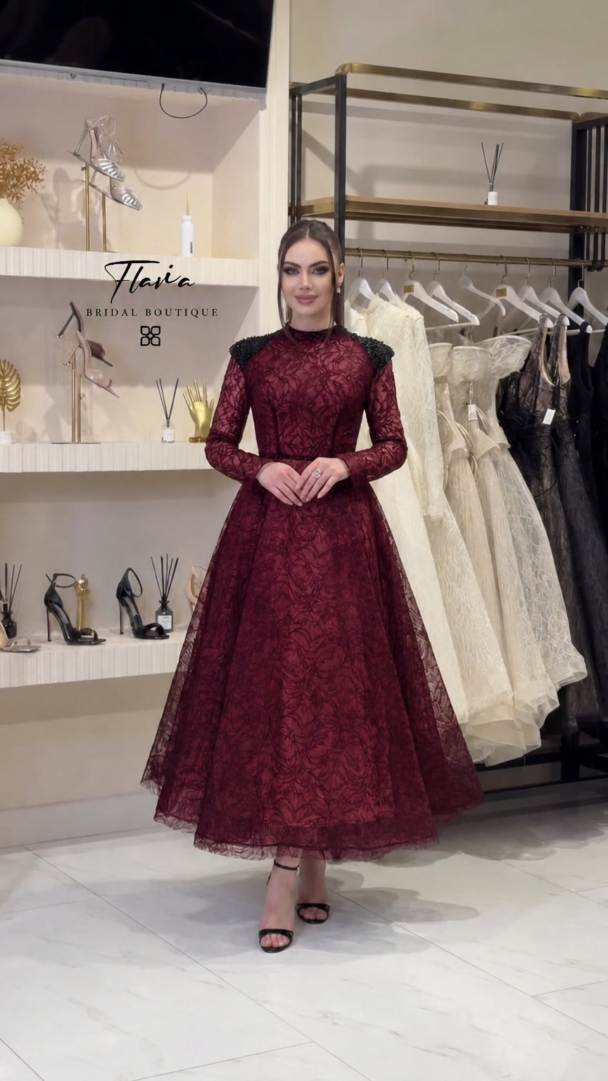 Burgundy wine red long sleeve beaded lace formal dress