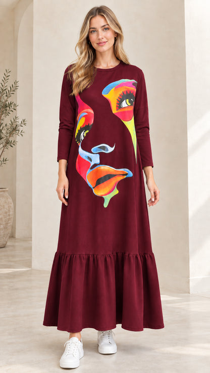 Full-length view of woman wearing Burgundy abstract graphic print tiered maxi dress