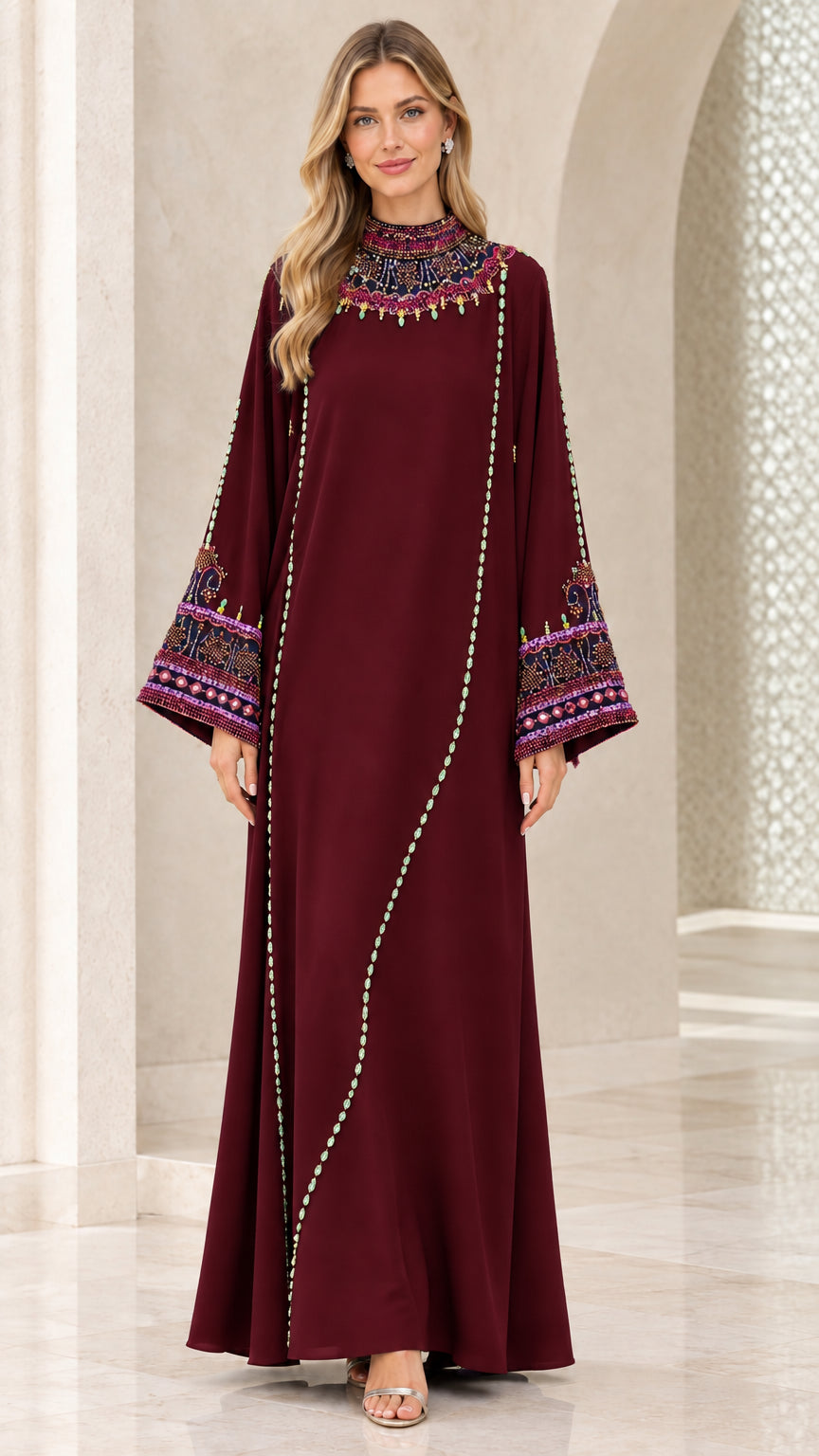 Burgundy wine red beaded long sleeve kaftan maxi dress