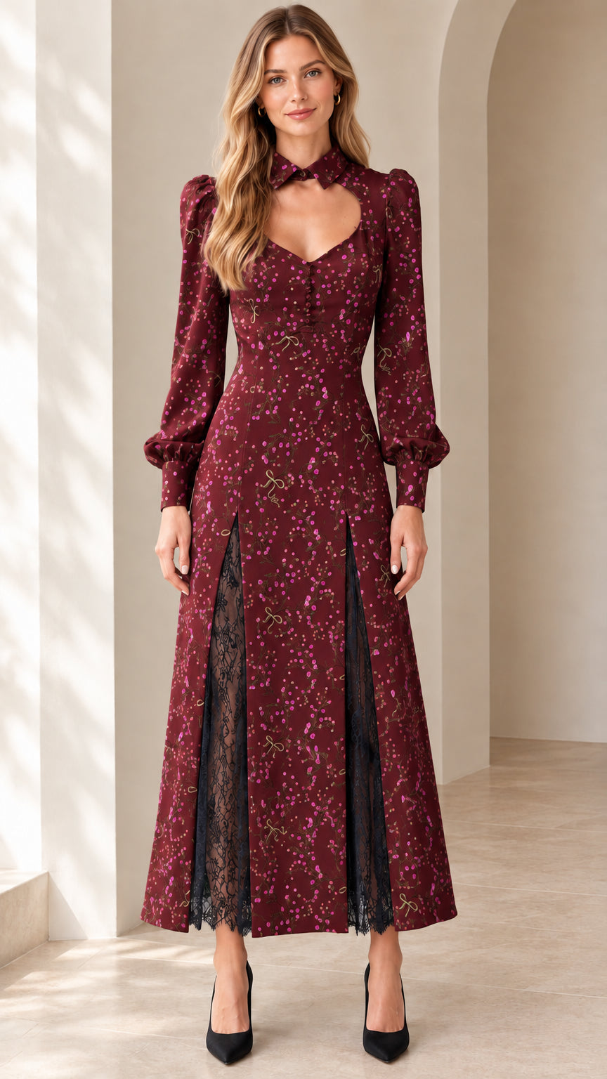 Front view of Burgundy floral long sleeve cutout maxi dress with lace slits
