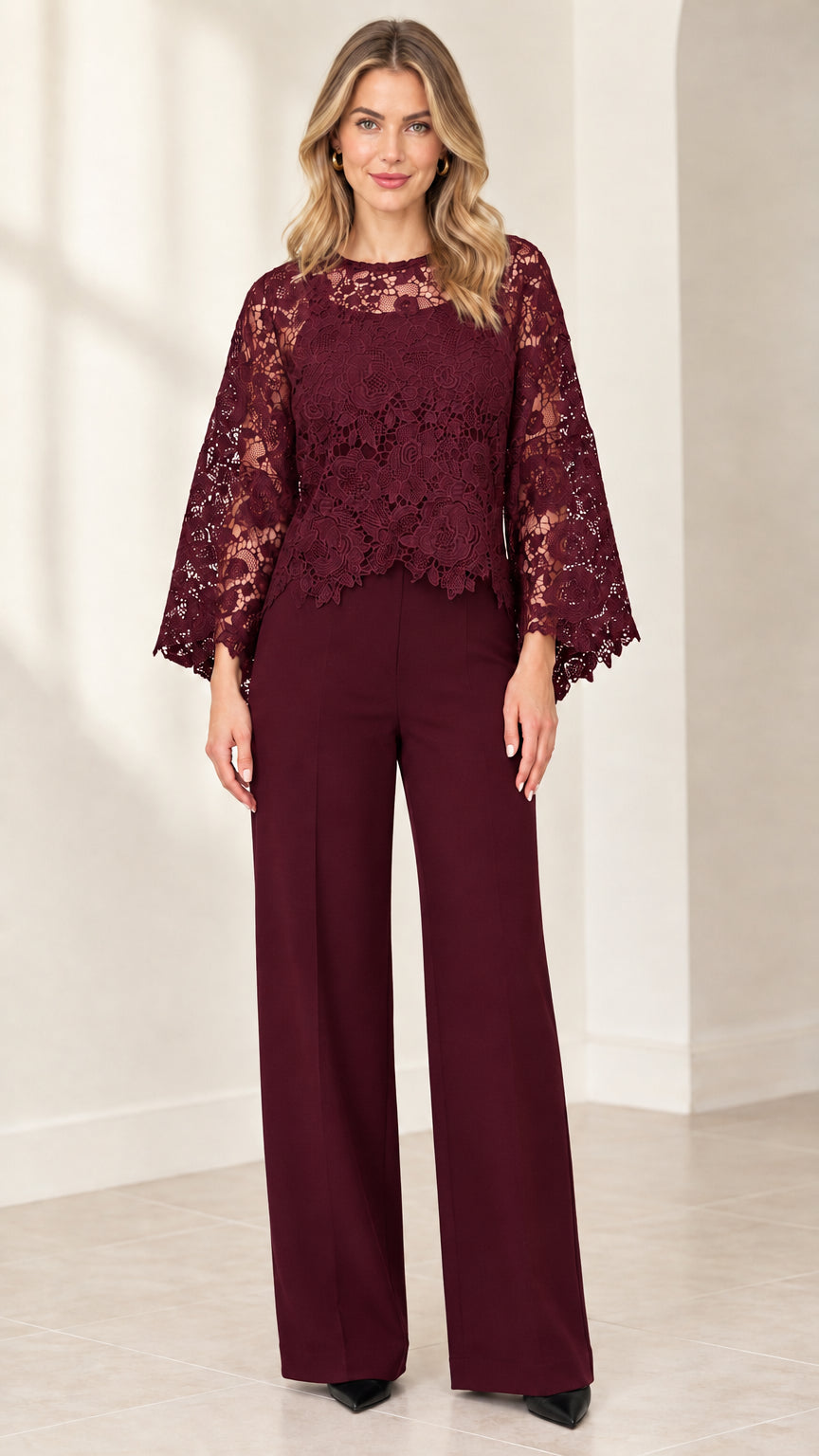 Front view of burgundy lace overlay wide-leg jumpsuit