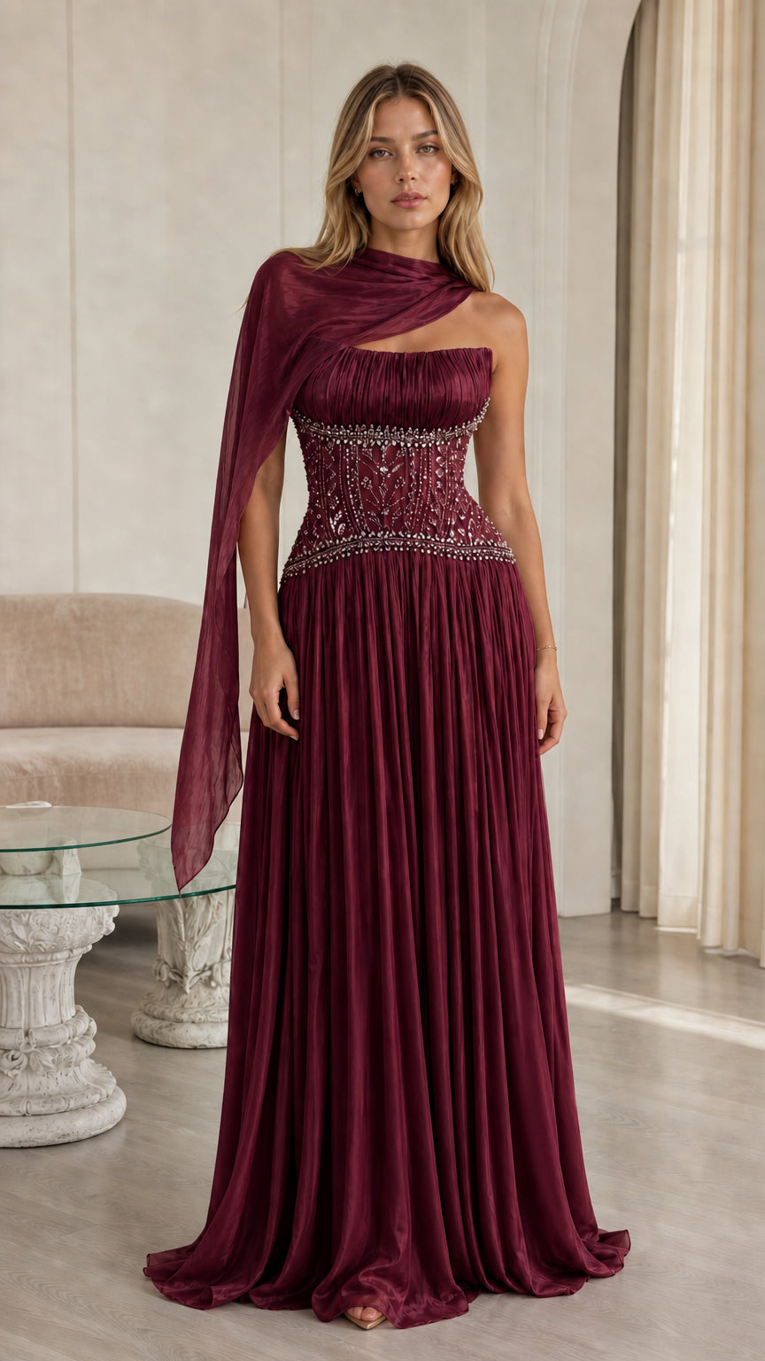 Front view of burgundy wine pleated chiffon formal dress with embellished bodice