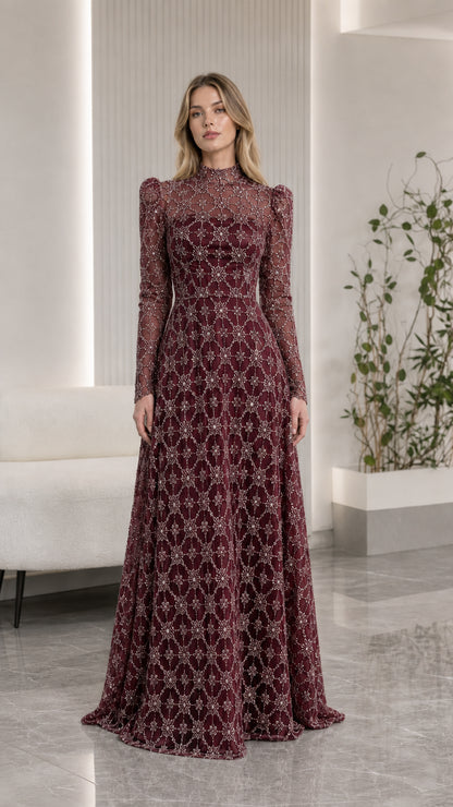 Front view of burgundy wine beaded illusion high neck evening gown