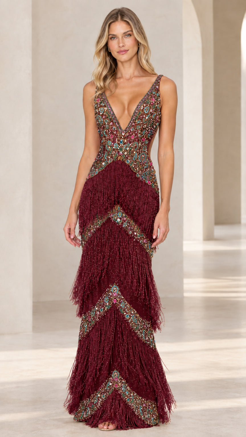 Burgundy wine red embellished plunging neckline maxi gown with fringe tiers