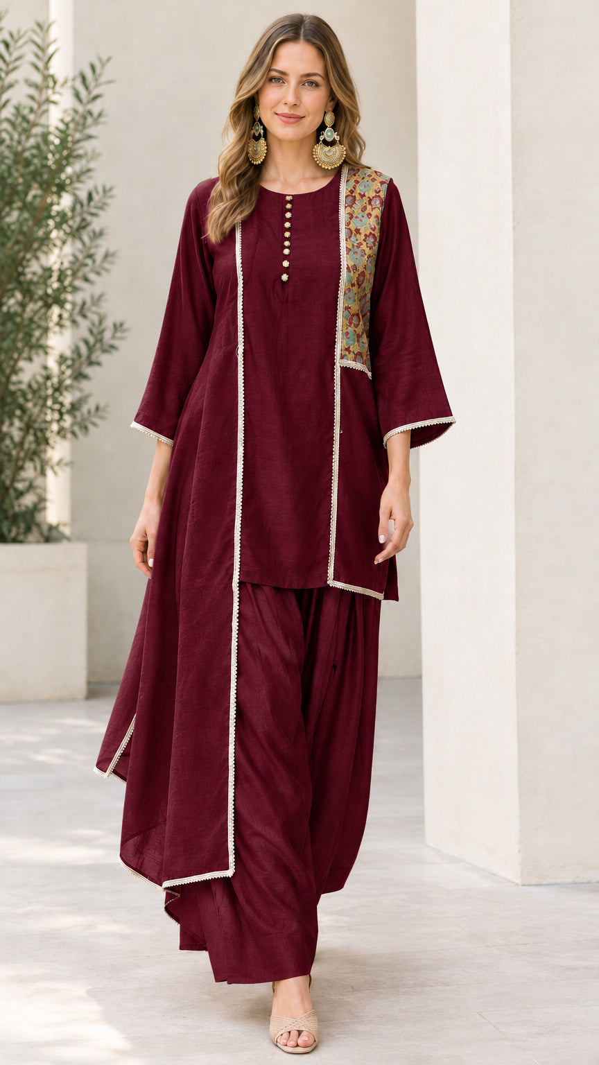 Woman wearing Maroon wine asymmetrical kurta and pant set