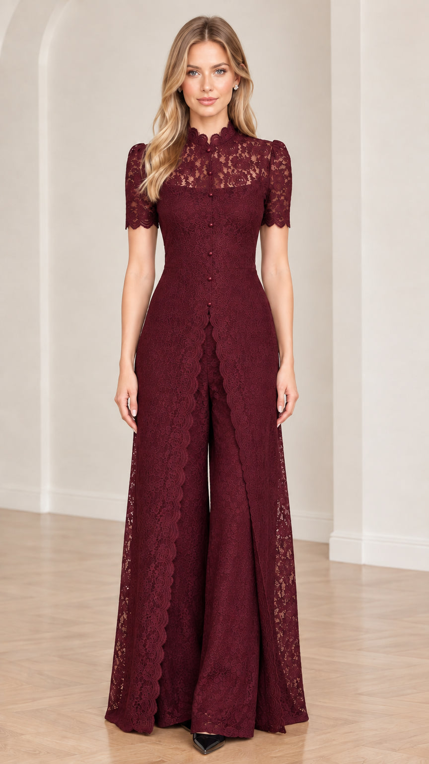 Burgundy wine red floral lace overlay wide-leg jumpsuit full-length front view