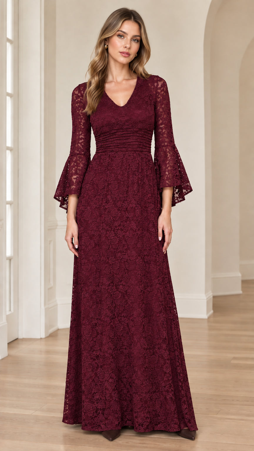 Front view of burgundy red floral lace maxi evening dress