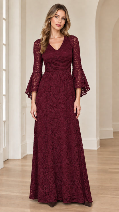 Front view of burgundy red floral lace maxi evening dress