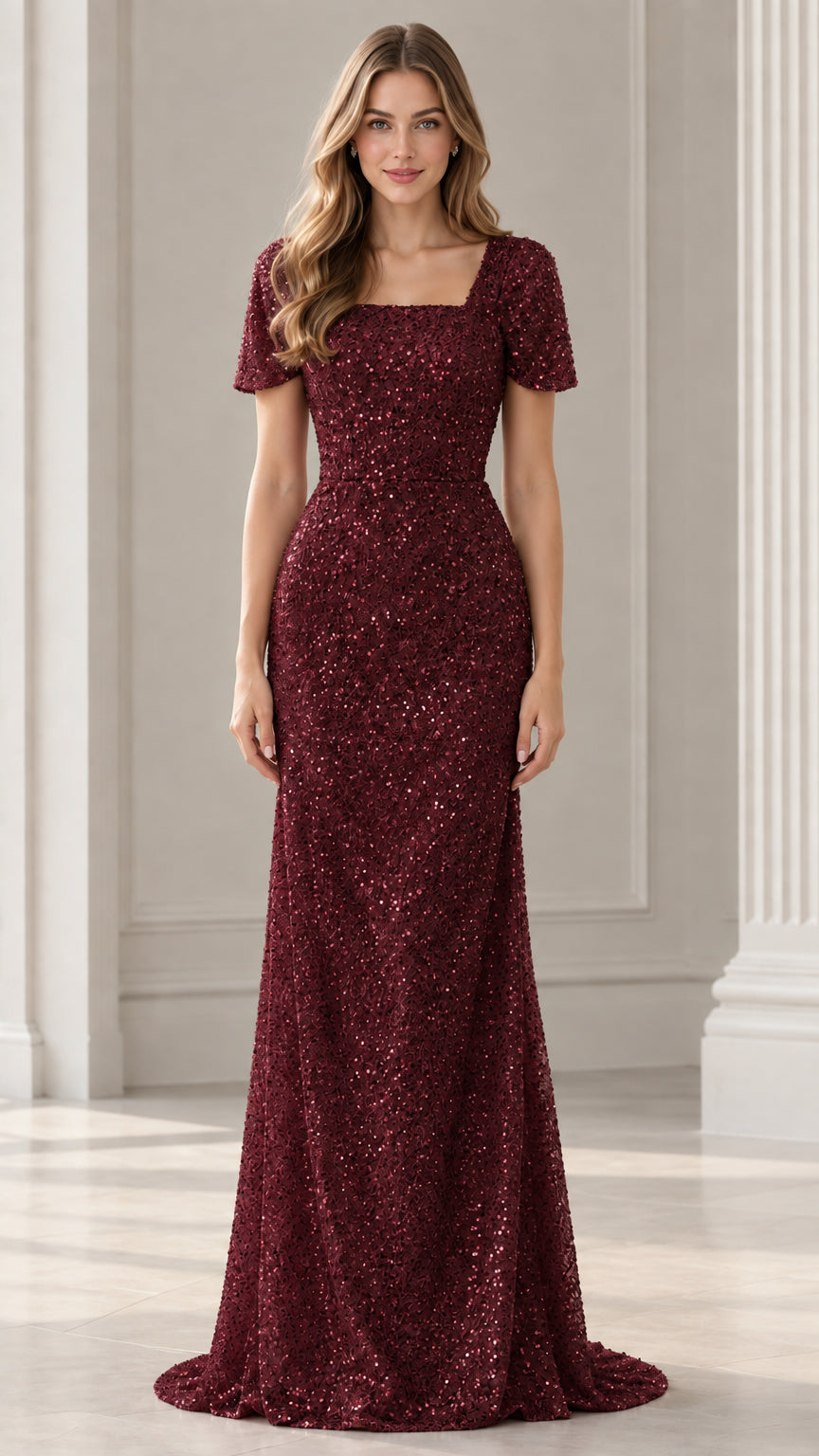 Front view of woman wearing Burgundy short sleeve sequin evening maxi gown
