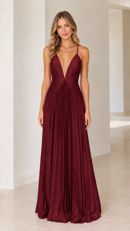 Burgundy wine red pleated evening gown front view