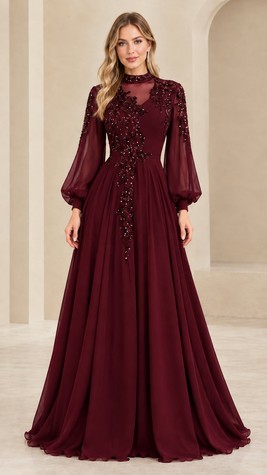 Full front view of burgundy wine red long sleeve sequin illusion evening gown
