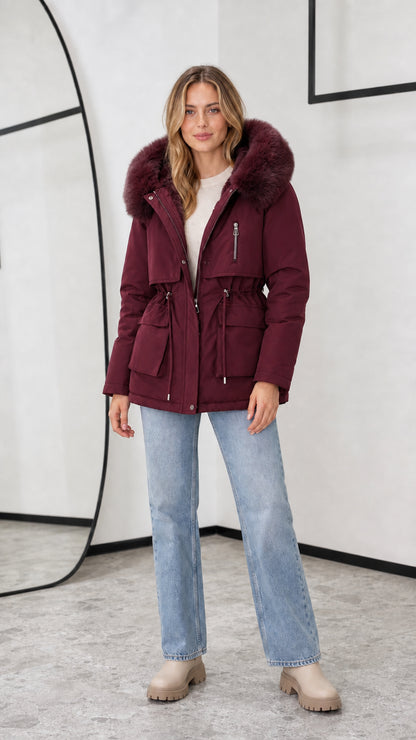 Women's burgundy red hooded fleece-lined parka jacket with faux fur trim