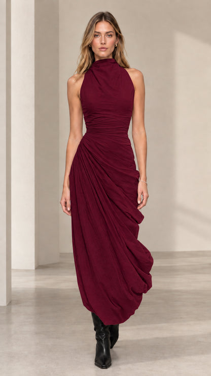 Front view of model wearing burgundy sleeveless ruched evening maxi dress