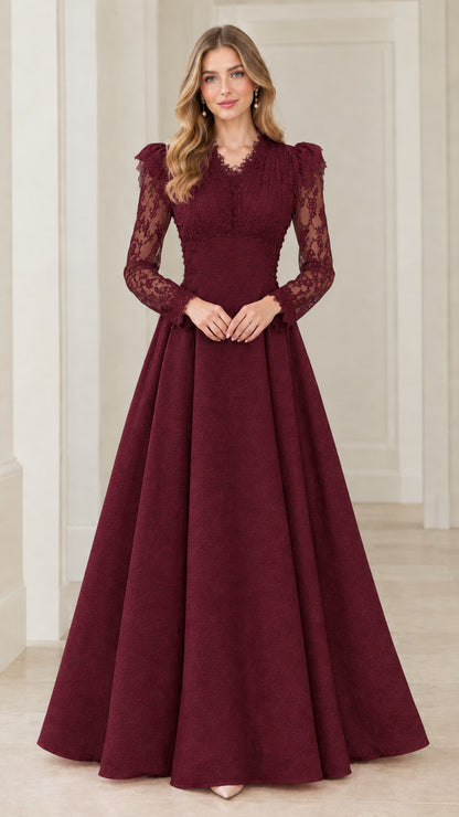 Front view of full-length Burgundy lace long sleeve evening gown