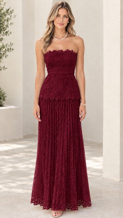 Model wearing burgundy wine strapless floral lace maxi dress