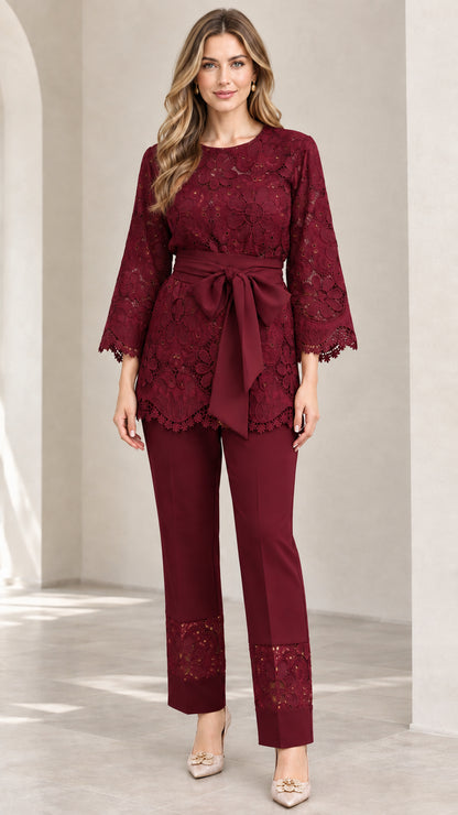 Burgundy wine red floral lace top and pants set with waist belt