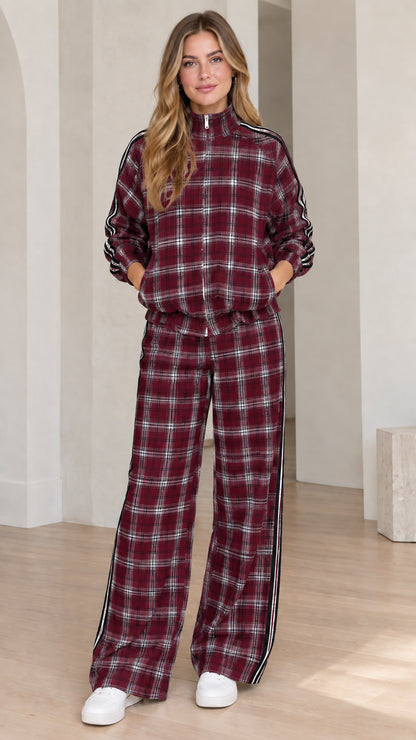 Women's burgundy red plaid zip jacket and wide leg track pants set