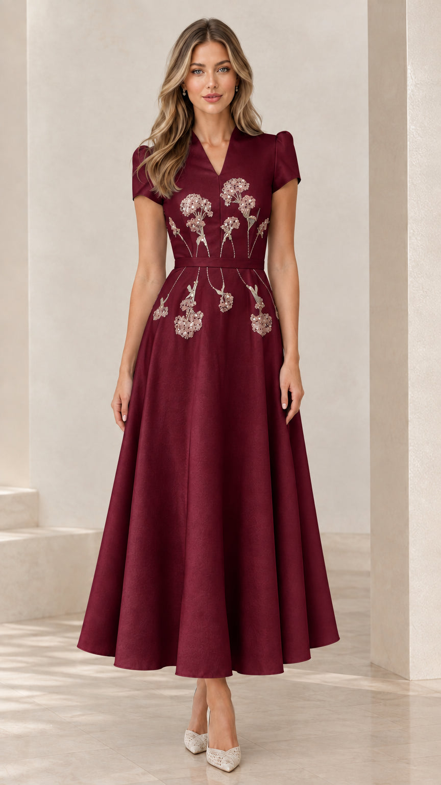 Burgundy wine red embroidered V-neck formal evening gown