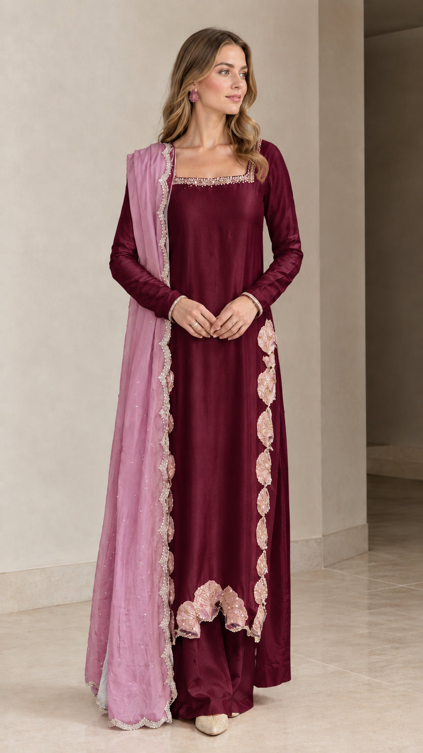 Model wearing Burgundy wine-toned 3-piece festive kurta set