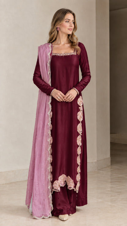 Model wearing Burgundy wine-toned 3-piece festive kurta set