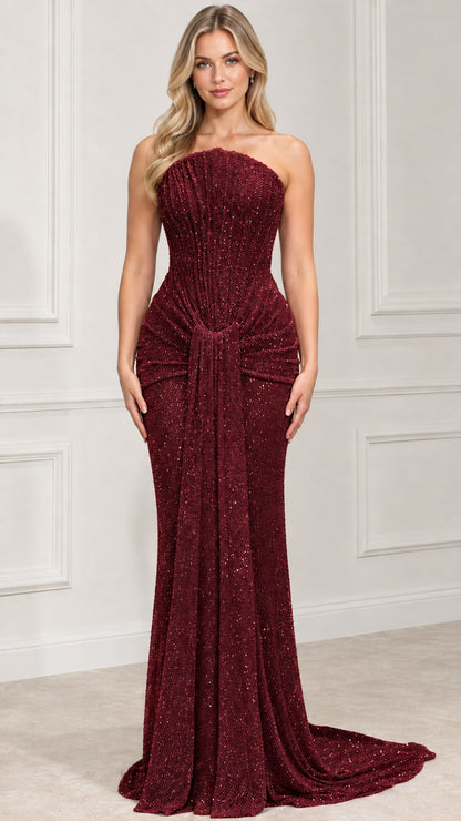 Full-length view of burgundy red strapless sequin mermaid gala gown