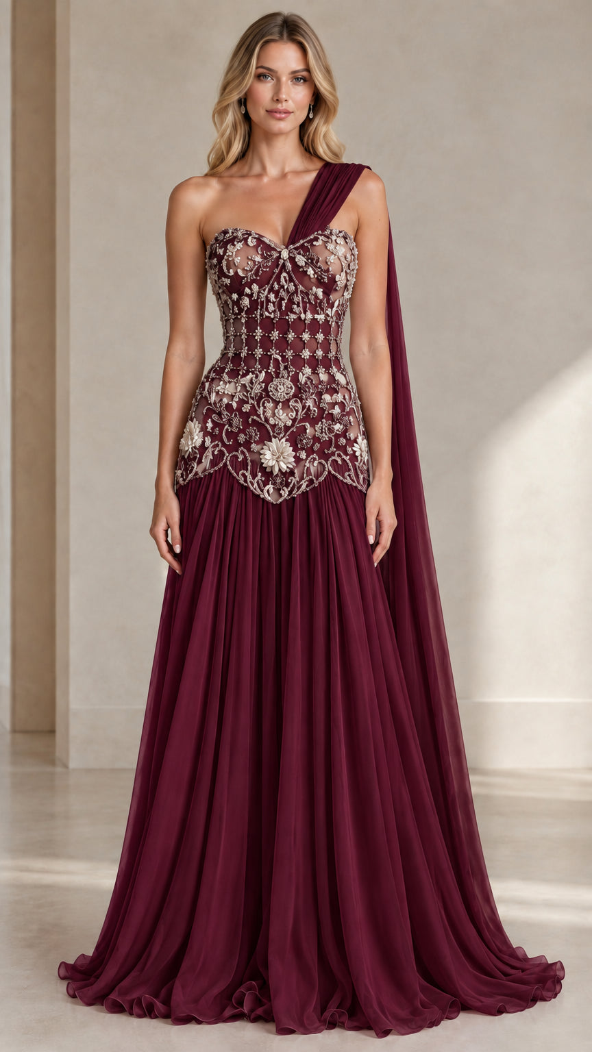 Model wearing Burgundy one-shoulder beaded maxi dress