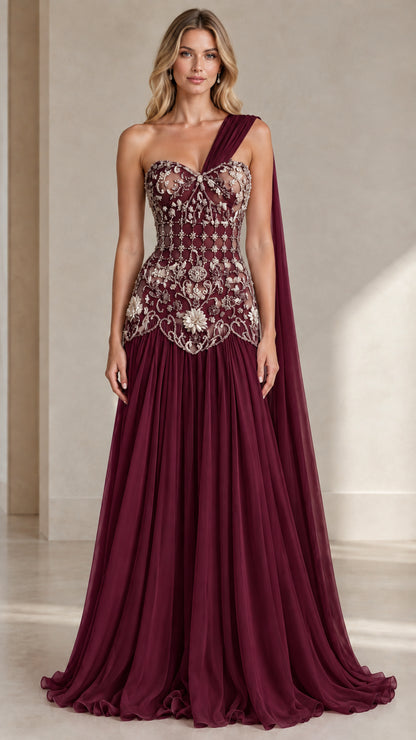 Model wearing Burgundy one-shoulder beaded maxi dress