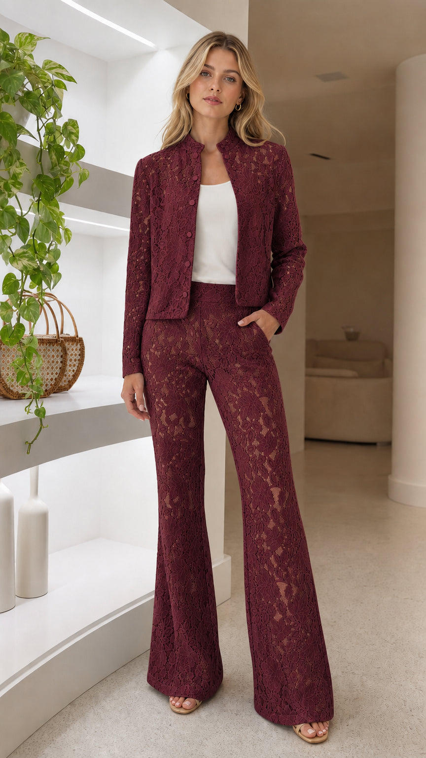 Burgundy wine red floral lace two-piece evening pant suit