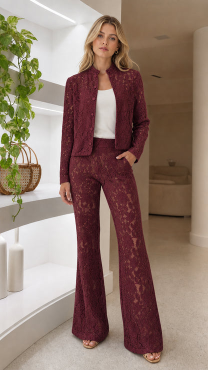 Burgundy wine red floral lace two-piece evening pant suit