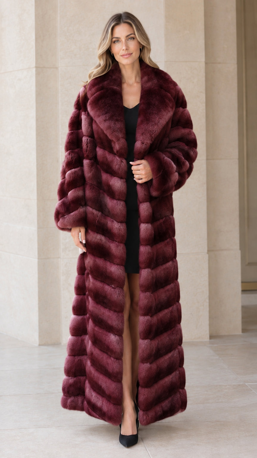 Full-length burgundy wine red chevron faux fur maxi coat