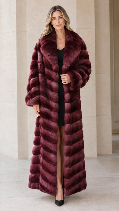 Full-length burgundy wine red chevron faux fur maxi coat