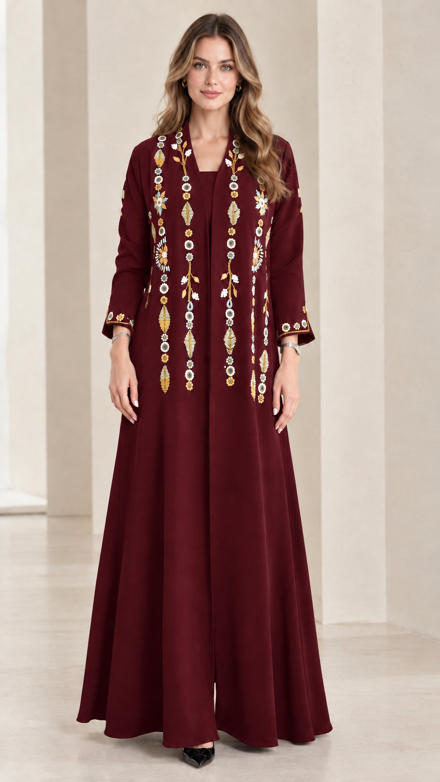 Front view of burgundy wine red embroidered maxi dress
