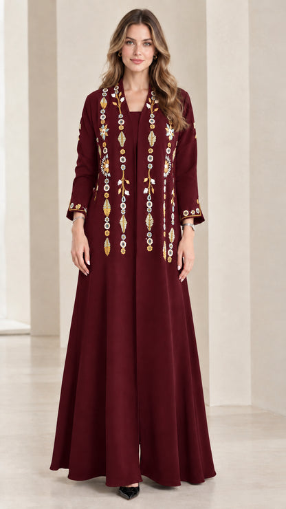Front view of burgundy wine red embroidered maxi dress